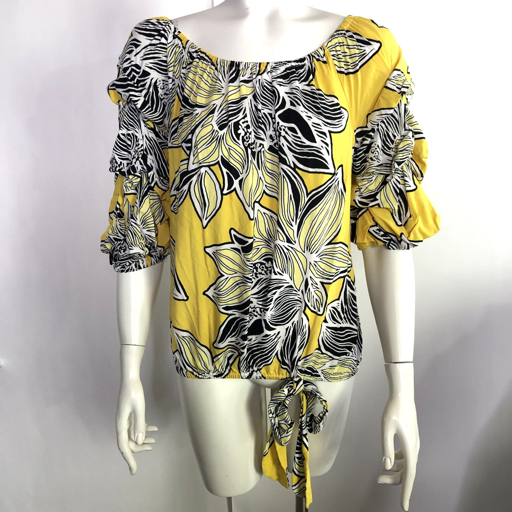 Coco Bianco Small Rayon Elastic Sleeve Ruffled Top Blouse All Over Print Yellow